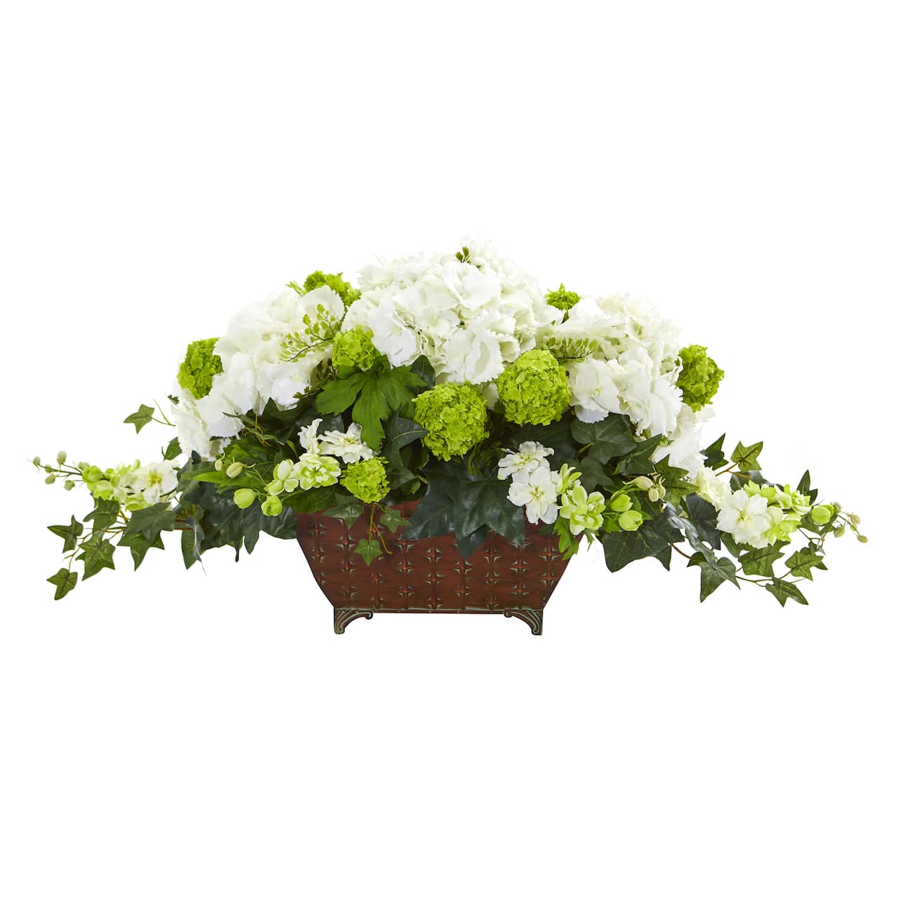 15.5" White Hydrangea & Ivy Arrangement in Metal Planter
